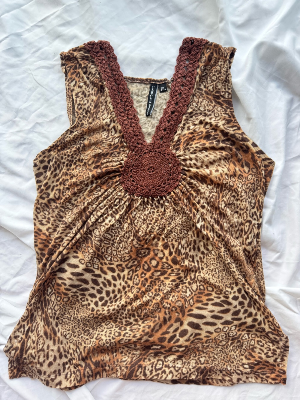 90s Leopard Print Crochet-Detail Tunic Top